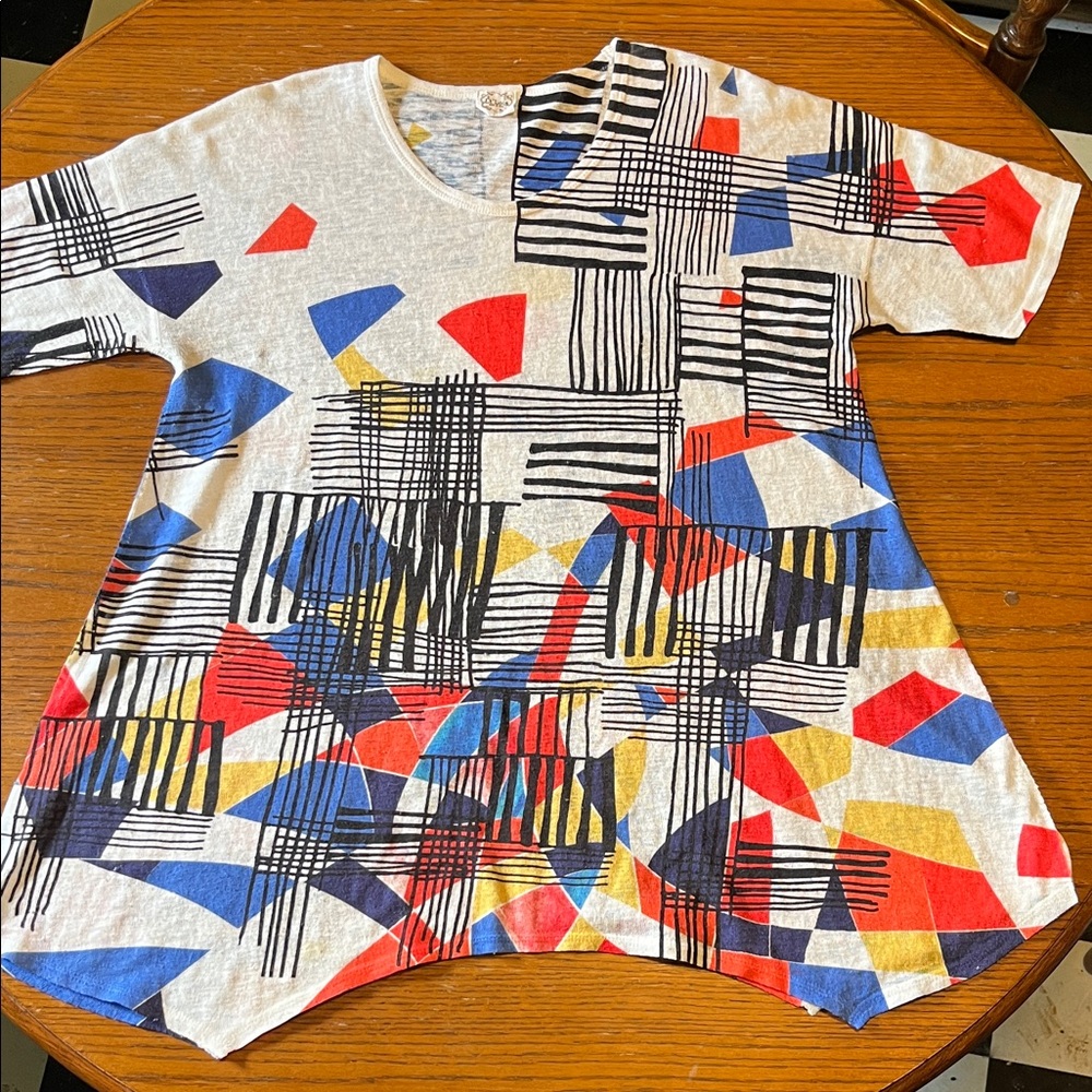 Oversized Colorful Artistic Geometric Et’ Lois Shirt with Pointed Hem Large